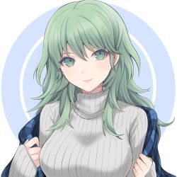 Rule 34 | 1girl, alternate costume, breasts, byleth (female) (fire emblem), byleth (fire emblem), casual, commentary request, contemporary, fire emblem, fire emblem: three houses, green eyes, green hair, grey sweater, hair between eyes, highres, jewelry, large breasts, long hair, long sleeves, looking at viewer, necklace, nintendo, plaid, ribbed sweater, shawl, shimizu akina, sleeves past wrists, smile, solo, sweater, turtleneck, turtleneck sweater, upper body, white background
