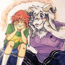 Rule 34 | 1boy, aged up, androgynous, asriel dreemurr, blue eyes, chara (undertale), child, closed eyes, furry, green shirt, grin, haramushi, highres, horns, indian style, monster boy, shirt, shorts, sitting, sitting on lap, sitting on person, smile, socks, spoilers, striped clothes, striped shirt, t-shirt, undertale