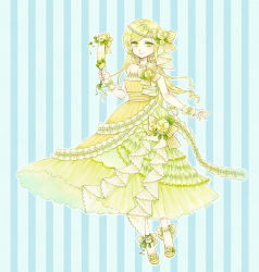 Rule 34 | 1girl, alcohol, bare shoulders, blonde hair, bow, bracelet, braid, champagne, champagne flute, crown braid, cup, dress, drinking glass, flower, frilled dress, frills, full body, green eyes, hair bow, hair flower, hair ornament, highres, jewelry, looking at viewer, necklace, original, pearl necklace, pocketland, smile, solo, standing, striped, striped background, striped bow, toono (kanagawa), vertical stripes