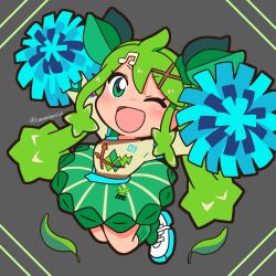 Rule 34 | 1girl, :d, absurdres, cheerleader, chibi, creatures (company), fortissimo, full body, game freak, grass miku (project voltage), green eyes, green hair, hair between eyes, hair ornament, harurukan, hatsune miku, highres, jumping, leaf, long hair, long sleeves, musical note, musical note hair ornament, nintendo, one eye closed, open mouth, pokemon, pom pom (cheerleading), project voltage, smile, solo, twintails, twitter username, very long hair, vocaloid, x hair ornament