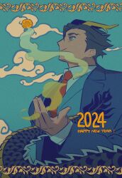 Rule 34 | 1boy, ace attorney, antlers, border, brown hair, chinese zodiac, closed mouth, collared shirt, curly eyebrows, dragon boy, dragon horns, dragon tail, from below, hand up, happy new year, highres, horns, korean commentary, long sleeves, looking ahead, male focus, monster boy, monsterification, new year, ornate border, phoenix wright, prodig 4, shirt, short hair, sideburns, smile, solo, tail, thick eyebrows, year of the dragon