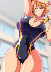 Rule 34 | 1girl, aokura shou, blonde hair, breasts, cleavage, competition swimsuit, eyebrows hidden by hair, hair between eyes, highres, hugtto! precure, indoors, kagayaki homare, large breasts, looking at viewer, one-piece swimsuit, open mouth, precure, short hair, solo, swimsuit, wet, wet clothes, wet swimsuit, yellow eyes