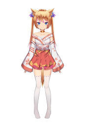 Rule 34 | 1girl, absurdres, animal ear fluff, animal ears, blue eyes, blush, collarbone, detached sleeves, dress, full body, high-waist skirt, highres, jewelry, light brown hair, long hair, looking at viewer, miniskirt, monochrome background, necklace, no shoes, off shoulder, original, pleated skirt, red skirt, sakutaishi, short dress, simple background, skirt, sleeves past wrists, smile, solo, split mouth, tail, thighhighs, twintails, white background, white thighhighs, zettai ryouiki