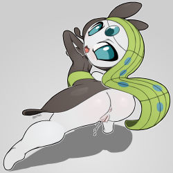 Rule 34 | 1girl, anus, arm up, artist name, ass, blue eyes, blush, creatures (company), female focus, from behind, full body, game freak, gen 5 pokemon, green hair, grey background, kaitoh, legendary pokemon, long hair, looking at viewer, looking back, looking to the side, meloetta, mythical pokemon, nintendo, no humans, open mouth, pokemon, pokemon (creature), pokemon bw, pussy, pussy juice, signature, simple background, smile, solo, spread legs, squatting, text focus, uncensored