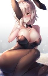 Rule 34 | 1girl, animal ears, arm support, bare shoulders, black leotard, black pantyhose, blush, breasts, brown pantyhose, cleavage, clenched teeth, collarbone, covering one eye, curvy, detached collar, ear tug, fake animal ears, fate/grand order, fate (series), glint, head tilt, highres, jeanne d&#039;arc (fate), jeanne d&#039;arc alter (avenger) (fate), jeanne d&#039;arc alter (fate), jewelry, large breasts, leotard, looking at viewer, motokonut, necklace, pantyhose, playboy bunny, rabbit ears, rabbit tail, reclining, short hair, sidelocks, silver hair, skindentation, solo, sweatdrop, tail, teeth, wrist cuffs, yellow eyes