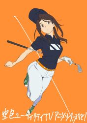 Rule 34 | 1girl, baseball cap, belt, brown eyes, brown hair, character request, gloves, golf club, hat, highres, holding, holding golf club, long hair, looking at viewer, open mouth, orange background, pants, polo shirt, saitou kengo, shoes, simple background, sneakers, solo, sorairo utility, white gloves, white pants