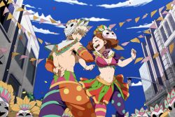 Rule 34 | 1boy, 1girl, arm behind back, artist name, bakugou katsuki, bare shoulders, blonde hair, blue sky, boku no hero academia, bra, bracelet, breasts, brown hair, building, cleavage, clenched hands, closed eyes, commentary, confetti, dancing, day, detached sleeves, dimples, english commentary, festival, frilled bra, frilled skirt, frills, hand on back, highres, horikoshi kouhei (style), jewelry, krumbs (dailykrumbs), large breasts, locked arms, looking at another, mask, mask on head, medium hair, muscular, muscular male, open mouth, outdoors, pantyhose, pennant, polka dot, polka dot legwear, purple scrunchie, red eyes, scrunchie, short hair, sidelocks, skirt, sky, smile, spiked hair, striped clothes, striped legwear, striped pantyhose, teeth, topless, traffic light, underwear, uraraka ochako