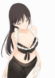 Rule 34 | 1girl, bad id, bad tumblr id, black hair, blush, breasts, cleavage, large breasts, long hair, lpip, midriff, navel, original, purple eyes, sarong, simple background, solo, white background