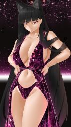 Rule 34 | 1girl, absurdres, animal ear fluff, animal ears, bare legs, bare shoulders, black hair, blue archive, breasts, cat ears, cleavage, crystal dress, dress, hair behind ear, hair over shoulder, halo, highres, kemonomimi mode, large breasts, long hair, pink dress, revealing clothes, rio (blue archive), simple background, smile, sparkle, sparkle background, stomach, takie arts, thighs, very long hair