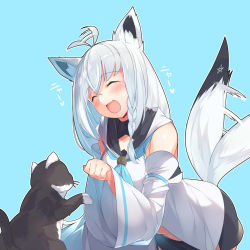 Rule 34 | 1girl, :d, ^ ^, afterimage, ahoge, ahoge wag, animal, animal ears, black cat, black skirt, blouse, blue background, blue neckerchief, blush, braid, cat, closed eyes, commentary request, detached sleeves, expressive hair, fang, fox ears, fox girl, fox tail, head tilt, heart, highres, hololive, hood, hood down, kokka han, long hair, long sleeves, motion lines, navel, neckerchief, open clothes, open mouth, open shirt, paw pose, pentagram, shirakami fubuki, shirakami fubuki (1st costume), shirt, side braid, silver hair, simple background, single braid, skirt, smile, solo, tail, tail wagging, translation request, virtual youtuber, white shirt, wide sleeves