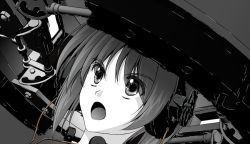 Rule 34 | 10s, 1girl, close-up, dutch angle, girls und panzer, headphones, microphone, military, military vehicle, monochrome, motor vehicle, nishizumi miho, open mouth, panzer iv, panzer iv, short hair, solo, sousei ou, tank, throat microphone, vehicle