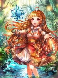 Rule 34 | 1girl, ahoge, armlet, bracelet, breasts, choker, cleavage, day, dress, floating hair, forest, hairband, jewelry, light brown hair, long hair, nature, official art, outdoors, outstretched arms, purple eyes, rioka (southern blue sky), seisen cerberus, short dress, sleeveless, sleeveless dress, small breasts, solo, very long hair, wading