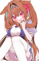 Rule 34 | 1girl, animal ears, blue skirt, blush, bow, breast rest, breasts, brown hair, daiwa scarlet (umamusume), fang, feather hair ornament, feathers, feet out of frame, hair between eyes, hair bow, hair intakes, hair ornament, hair ribbon, highres, hinamori (18ar0), holding, holding hair, horse ears, horse girl, knees to chest, knees together feet apart, large breasts, long hair, looking at viewer, open mouth, puffy short sleeves, puffy sleeves, red eyes, ribbon, school uniform, serafuku, short sleeves, simple background, sitting, skin fang, skirt, solo, thighhighs, tiara, tracen school uniform, twintails, umamusume, v-shaped eyebrows, very long hair, white background, white thighhighs