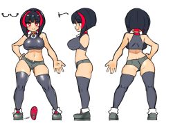 Rule 34 | 1girl, ass, black hair, breasts, character sheet, glasses, highres, large breasts, multicolored hair, multiple views, navel, rijiato, shoes, short hair, short shorts, shorts, super mican, thighhighs