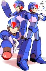 Rule 34 | 1boy, arm cannon, armor, blue armor, blue helmet, commentary, danyhu16, english commentary, full body, glowing, highres, light trail, mega man (series), mega man x8, mega man x (series), multiple views, shoulder armor, simple background, speech bubble, weapon, white background, x (mega man), x buster