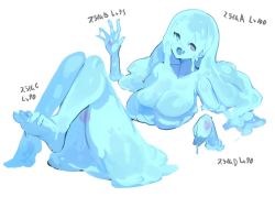 Rule 34 | 1girl, :d, blue eyes, blue skin, breasts, collarbone, colored skin, commentary request, disembodied limb, hand up, heterochromia, lansane, large breasts, looking at viewer, monster girl, open mouth, original, purple eyes, severed arm, severed limb, simple background, slime girl, smile, solo, translation request, white background