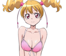 Rule 34 | 00s, 1girl, bikini, bikini top only, breasts, brown hair, eyelashes, fresh precure!, large breasts, looking at viewer, momozono love, oimanji, pink bikini, pink eyes, precure, short hair, simple background, smile, solo, swimsuit, twintails, white background