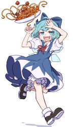 Rule 34 | 1girl, absurdres, black footwear, bloomers, blue bow, blue dress, blue eyes, blue hair, blush stickers, bow, cirno, collared shirt, detached wings, dress, fairy, fang, food, full body, hair bow, highres, ice, ice wings, kame (kamepan44231), meatball, open mouth, pasta, pinafore dress, shirt, shoes, short hair, short sleeves, simple background, skin fang, sleeveless, sleeveless dress, socks, solo, touhou, underwear, white background, white bloomers, white shirt, white socks, wings
