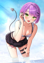 Rule 34 | 1girl, :d, absurdres, bare arms, bare shoulders, bent over, bikini, black skirt, blue sky, breasts, cleavage, crop top, day, demon girl, demon tail, ear piercing, green eyes, hair ornament, hairclip, hand on own thigh, highres, hololive, leaning forward, leg tattoo, looking at viewer, md5 mismatch, medium breasts, miniskirt, nail polish, navel, o-ring, o-ring thigh strap, open mouth, outdoors, piercing, pink nails, pleated skirt, purple hair, resolution mismatch, short hair, skirt, sky, smile, solo, source smaller, standing, swimsuit, tail, tail ornament, tail piercing, tail raised, tate yukimi, tattoo, thigh strap, thighs, tokoyami towa, tokoyami towa (jirai kei), virtual youtuber, wading, water, wet, white bikini, x hair ornament