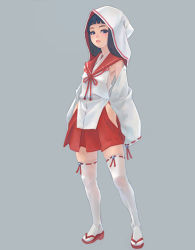 Rule 34 | 1girl, adapted costume, detached sleeves, female focus, full body, original, sandals, school uniform, simple background, solo, thighhighs, traditional clothes, weno, zettai ryouiki