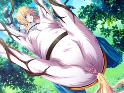 Rule 34 | 1girl, armor, bdsm, blonde hair, bondage, bound, centaur, dutch angle, game cg, grass, green eyes, horse, looking at viewer, monster girl, nature, outdoors, princess x, pussy, pussy juice, restrained, ribbon, suspension, tail, taur, tree