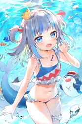 Rule 34 | 1girl, ayamy, bikini, bloop (gawr gura), blue eyes, blue hair, blush, fins, fish tail, gawr gura, hair ornament, highres, hololive, hololive english, looking at viewer, multicolored hair, navel, open mouth, shark tail, sharp teeth, smile, solo, streaked hair, swimsuit, tail, teeth, virtual youtuber