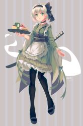 Rule 34 | 1girl, alternate costume, apron, arm up, black choker, black footwear, black pantyhose, cake, cake slice, checkerboard cookie, choker, commentary, cookie, cup, dated, food, full body, furisode, green eyes, green kimono, grey background, highres, holding, holding tray, japanese clothes, kimono, konpaku youmu, konpaku youmu (ghost), layered skirt, leg lift, looking at viewer, maid, maid apron, mechrailgun, muffin, no lineart, obi, open mouth, pantyhose, sandals, sash, scabbard, sheath, short hair, signature, silver hair, skirt, solo, standing, standing on one leg, striped, striped background, sword, touhou, tray, wa maid, weapon, yunomi