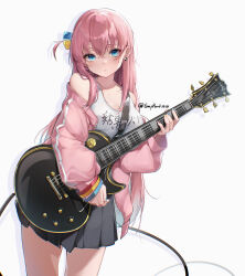 Rule 34 | 1girl, absurdres, black skirt, blue eyes, blue nails, bocchi the rock!, bracelet, breasts, cleavage, collarbone, commentary, crossed bangs, cube hair ornament, earrings, electric guitar, english commentary, gibson les paul, gotoh hitori, grey background, guippang, guitar, hair ornament, highres, holding, instrument, jacket, jewelry, large breasts, long sleeves, looking at viewer, miniskirt, nail polish, off shoulder, one side up, open clothes, open jacket, pink jacket, pink nails, pink track suit, pleated skirt, shadow, sidelocks, simple background, skirt, solo, standing, thighs, track jacket, twitter username, yellow nails