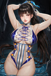 Rule 34 | 1girl, armpits, arms behind head, arms up, black hair, breasts, brown eyes, cameltoe, cleavage, eve (stellar blade), highres, large breasts, neoartcore, official alternate costume, one-piece swimsuit, parted lips, partially submerged, ponytail, solo, stellar blade, swimsuit, thigh gap, thighs, wading, water
