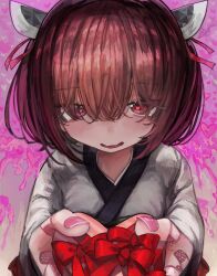 Rule 34 | 1girl, bandaid, bandaid on hand, blade, blush, bob cut, bow, box, brown hair, check commentary, commentary, commentary request, furrowed brow, gift, hair over eyes, hair ribbon, headgear, heart, heart-shaped box, heart-shaped pupils, heart background, highres, holding, holding gift, incoming gift, japanese clothes, kimono, long bangs, long sleeves, looking at viewer, microa, nervous smile, nose blush, pink background, pink nails, pink ribbon, red bow, red eyes, ribbon, short hair, short twintails, smile, solo, symbol-shaped pupils, too many bandaids, touhoku kiritan, twintails, upper body, upturned eyes, valentine, voiceroid, wavy mouth, white kimono