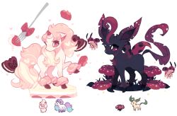 Rule 34 | alcremie, alcremie (strawberry sweet), alcremie (vanilla cream), brown eyes, cake, charamells, creature, creatures (company), flying, food, fork, fruit, full body, fusion, galarian form, galarian ponyta, game freak, gen 1 pokemon, gen 2 pokemon, gen 4 pokemon, gen 8 pokemon, grass, heart, horns, leafeon, ledyba, multiple fusions, nintendo, no humans, pokemon, pokemon (creature), purple eyes, ribbon, simple background, single horn, standing, strawberry, unicorn, vileplume, whipped cream, white background