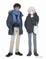 2boys absurdres bag belt black_eyes black_hair blue_eyes curly_hair dark-skinned_male dark_skin denim down_jacket dungeon_meshi elf full_body fur-trimmed_jacket fur_trim grey_hair hands_in_pockets highres jacket jeans kabru lazy_eye long_sleeves looking_at_viewer male_focus mask mithrun mouth_mask multiple_boys nezu1495821 notched_ear pants pointy_ears scarf shirt shoes shopping_bag short_hair simple_background smile sneakers standing uneven_eyes white_background winter_clothes