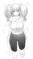 Rule 34 | 1girl, :o, anchor hair ornament, atlanta (kancolle), bike shorts, blush, breasts, covered erect nipples, cropped legs, greyscale, hair ornament, holding, joy-con, kantai collection, large breasts, long hair, monochrome, navel, off shoulder, open mouth, ring-con, ring fit adventure, shirt, shorts, simple background, solo, steam, sweat, tamu (mad works), tied shirt, two side up