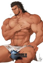 Rule 34 | 1boy, abs, bar censor, bara, beard, black hair, breath, censored, censored by text, collarbone, dark-skinned male, dark skin, facial hair, feet out of frame, final fantasy, final fantasy xv, gladiolus amicitia, gomtang, large pectorals, male focus, male pubic hair, mature male, medium hair, muscular, muscular male, naked towel, navel, navel hair, nipples, no tattoo, novelty censor, pectorals, pubic hair, scar, scar across eye, scar on face, sitting, smile, solo, stomach, thick thighs, thighs, towel, towel around waist, undercut, wet