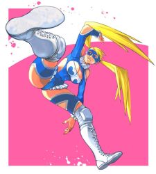 Rule 34 | 1990s (style), 1girl, blonde hair, blue eyes, breasts, cleavage, female focus, large breasts, leotard, long hair, mahito (tranjistor), mask, rainbow mika, simple background, solo, street fighter, street fighter zero (series), twintails, wrestling outfit