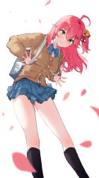 Rule 34 | 1girl, absurdres, aogami high school uniform, backpack, bag, bare legs, bell, black socks, blue bow, blush, bow, brown cardigan, cardigan, cherry blossoms, closed mouth, collared shirt, commentary, feet out of frame, gluteal fold, green eyes, hair bell, hair ornament, highres, hololive, jingle bell, leaf, long hair, long sleeves, looking at viewer, menomeno draw, miniskirt, official alternate costume, pink hair, pleated skirt, sakura miko, school uniform, shirt, simple background, skirt, smile, socks, solo, standing, two-tone background, virtual youtuber, white background, white shirt