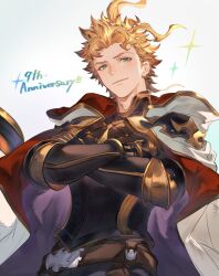 Rule 34 | 1boy, ahoge, anniversary, armor, belt, black armor, blonde hair, blue eyes, brown belt, cape, closed mouth, crossed arms, gido, granblue fantasy, highres, male focus, red cape, seofon (granblue fantasy), short hair, smile, solo, two-tone cape, upper body, white cape