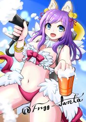 Rule 34 | 1girl, animal ears, beach, bell, bikini, blue eyes, blue sky, blurry, blurry background, bow, breasts, cloud, collarbone, commentary request, cowboy shot, cup, dutch angle, feathers, frigg fanta, grin, hair bell, hair ornament, highres, holding, holding cup, hose nozzle, incoming drink, jingle bell, long hair, looking at viewer, medium breasts, navel, pink bikini, purple hair, ragnarok online, sky, smile, solo, swimsuit, twitter username, wanderer (ragnarok online), white feathers