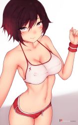 Rule 34 | 1girl, armpits, black eyes, black hair, bluefield, blush, breasts, cameltoe, cleavage, collarbone, covered erect nipples, cowboy shot, crop top, dolphin shorts, highres, looking at viewer, medium breasts, micro shorts, midriff, navel, reaching, reaching towards viewer, ruby rose, rwby, selfie, short hair, short shorts, shorts, smile, solo, sweat, wristband