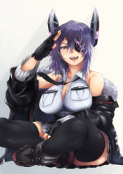 Rule 34 | 1girl, bare shoulders, black gloves, black jacket, black thighhighs, blush, breasts, cleavage, collared shirt, eyepatch, fur-trimmed jacket, fur trim, gloves, headgear, highres, indian style, jacket, kantai collection, kiya hajime, large breasts, long sleeves, looking at viewer, necktie, off shoulder, open clothes, open jacket, open mouth, partially fingerless gloves, purple hair, shirt, short hair, sitting, sleeveless, sleeveless shirt, smile, solo, tenryuu (kancolle), thighhighs, white shirt, yellow eyes