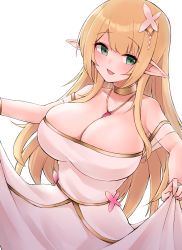 Rule 34 | 1girl, absurdres, bare shoulders, blonde hair, blush, breasts, cleavage, collarbone, commentary request, dress, elf, green eyes, highres, jewelry, lagijay, large breasts, opera, original, pointy ears, simple background, smile, white background
