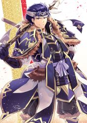 Rule 34 | 1boy, armor, blue eyes, blue hair, cape, fire emblem, fire emblem: the blazing blade, fire emblem heroes, gloves, hair ornament, headband, hector (fire emblem), highres, japanese armor, looking at viewer, male focus, nakabayashi zun, new year, nintendo, polearm, short hair, simple background, smile, solo, spear, weapon