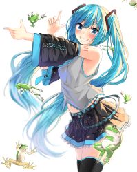 Rule 34 | 1girl, aqua hair, bare shoulders, black skirt, black thighhighs, blue eyes, blush, cowboy shot, detached sleeves, double finger gun, finger gun, frog, hatsune miku, highres, jack dempa, long hair, looking at viewer, midriff, nail polish, navel, necktie, simple background, skirt, smile, solo, standing, star-shaped pupils, star (symbol), symbol-shaped pupils, teeth, thighhighs, twintails, vocaloid, white background