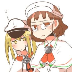 Rule 34 | 10s, 2girls, blonde hair, brown eyes, brown hair, glasses, graf zeppelin (kancolle), hat, kantai collection, long hair, lowres, multiple girls, open mouth, rebecca (keinelove), roma (kancolle), short hair, sweat, twintails, yellow eyes