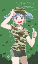 Rule 34 | 10s, 1girl, alternate costume, bad id, bad pixiv id, baseball cap, blue hair, camouflage, casual, flat chest, hat, ishihara saika, kantai collection, ooshio (kancolle), open mouth, short shorts, short twintails, shorts, solo, teeth, thumbs up, twintails, woodland camouflage