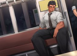 Rule 34 | 1boy, bara, bellsaltr, belt, biceps, blush, collared shirt, couch, facial hair, hand on back, hand on thigh, highres, jewelry, long sideburns, male focus, necktie, night, night sky, original, pants, pectorals, ring, saliva, saliva trail, shirt, short sleeves, sideburns, sitting, sky, sleeping, solo, spread legs, stubble, tan, thick arms, thick eyebrows, thick thighs, thighs, tight clothes, train, train interior