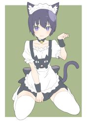 Rule 34 | 1girl, nanashi inc., absurdres, alternate costume, animal ear fluff, animal ears, animare, apron, back bow, bad id, bad twitter id, bell, black choker, black skirt, blush, border, bow, cat ears, cat tail, choker, closed mouth, donguri suzume, embarrassed, enmaided, green background, highres, jingle bell, kuroneko nanashi, looking at viewer, maid, maid apron, maid headdress, neck bell, puffy short sleeves, puffy sleeves, purple eyes, purple hair, short sleeves, simple background, skirt, solo, tail, thighhighs, virtual youtuber, waist apron, white apron, white border, white thighhighs, wristband