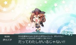 Rule 34 | 1girl, bare shoulders, brown eyes, brown hair, check commentary, chibi, comic, commentary request, cosplay, fang, gloves, hair between eyes, hair ornament, hairclip, hat, headphones, i-14 (kancolle) (cosplay), i-14 (kancolle), ikazuchi (kancolle), kadose ara, kantai collection, looking at viewer, open mouth, partially fingerless gloves, pun, sailor collar, school swimsuit, short hair, single glove, solo, swimsuit, thigh gap, translation request