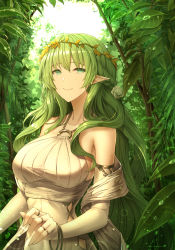 Rule 34 | 1girl, bare shoulders, braid, breasts, collarbone, day, detached sleeves, dress, elf, fingernails, flower, forest, french braid, green eyes, green hair, hair between eyes, hair flower, hair ornament, half-closed eyes, head wreath, highres, jewelry, laurel crown, leaf, lens flare, limeblock, long fingernails, long hair, medium breasts, nature, o-ring, o-ring top, original, outdoors, plant, pointy ears, ring, rose, sash, sidelocks, sleeveless, sleeveless dress, smile, solo, tree, upper body, very long hair, white flower, white rose