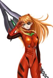 Rule 34 | 10s, 1girl, armpits, blonde hair, blue eyes, bodysuit, bracer, breasts, closed mouth, cowboy shot, evangelion: 3.0 you can (not) redo, eyepatch, floating hair, gem, gloves, hair between eyes, hair ornament, hand up, head tilt, headgear, highres, holding, holding weapon, huge weapon, lance of cassius, legs apart, lips, long hair, looking at viewer, narrow waist, neon genesis evangelion, norixio, orange hair, pilot suit, plugsuit, polearm, rebuild of evangelion, simple background, solo, souryuu asuka langley, spear, standing, tape, turtleneck, weapon, white background